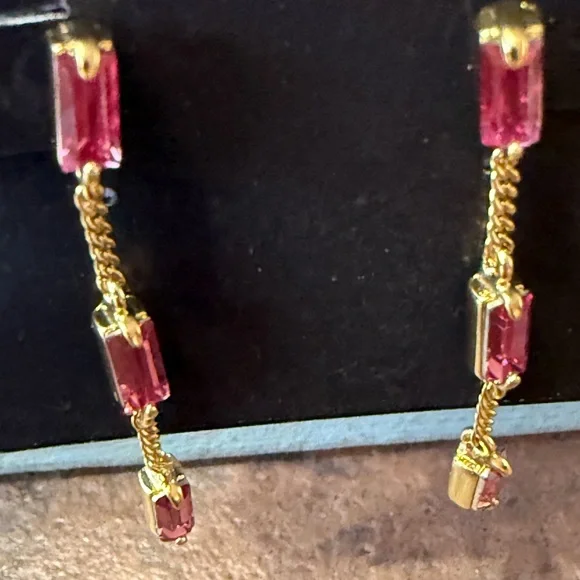 NWT AQUA Three Stone Linear Gold And Pink Earrings - Picture 7 of 10